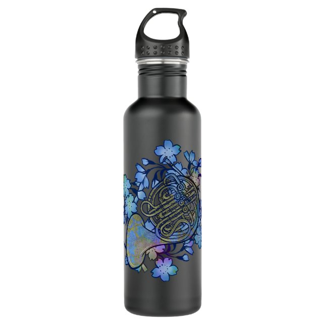 French Horn Art Band Class Music Blue Flowers 710 Ml Water Bottle (Front)