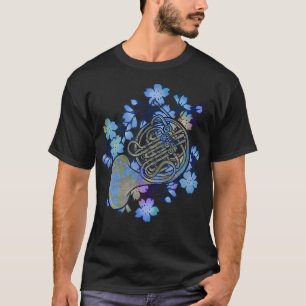 French Horn Art Band Class Music Blue Flowers T-Shirt