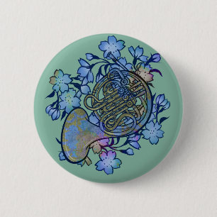 French Horn Blue Flowers Band Class                6 Cm Round Badge