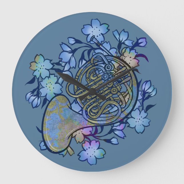 French Horn Blue Flowers Band Class                Large Clock (Front)