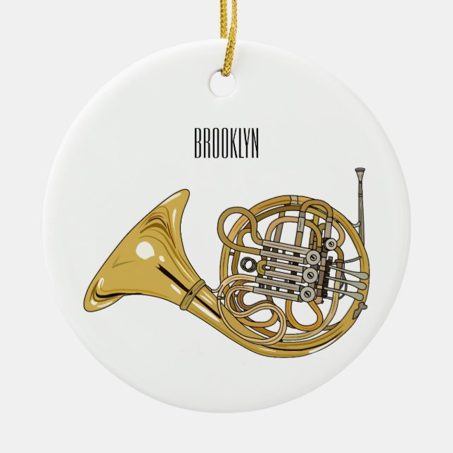 French horn cartoon illustration  ceramic ornament (Front)