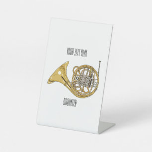 French horn cartoon illustration pedestal sign