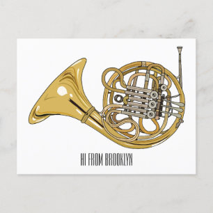 French horn cartoon illustration  postcard