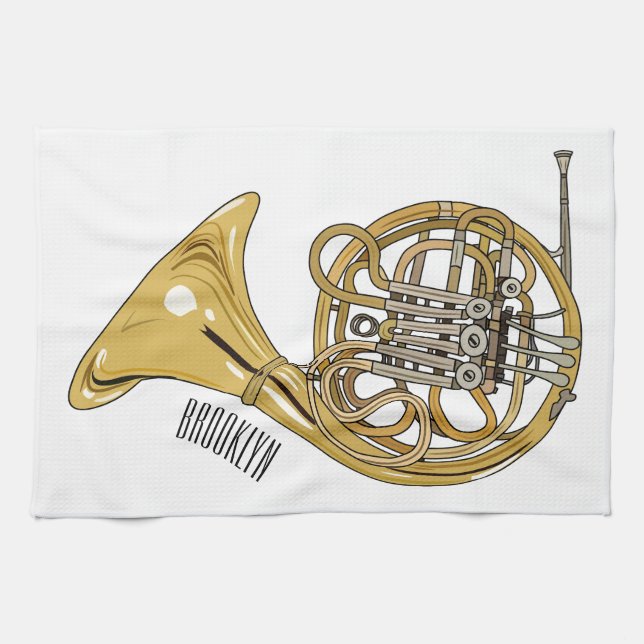 French horn cartoon illustration  tea towel (Horizontal)