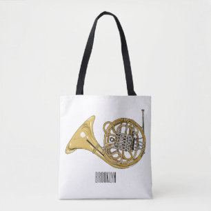 French horn cartoon illustration tote bag