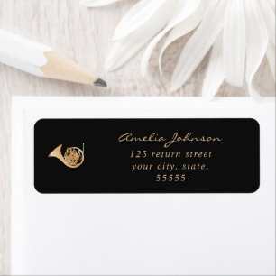 French Horn Elegant Script Modern Gold Black Music Return Address Label