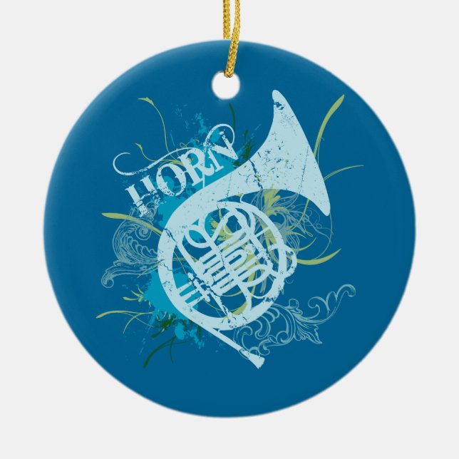 French Horn Grunge Blue Christmas Tree Gift Ceramic Ornament (Front)
