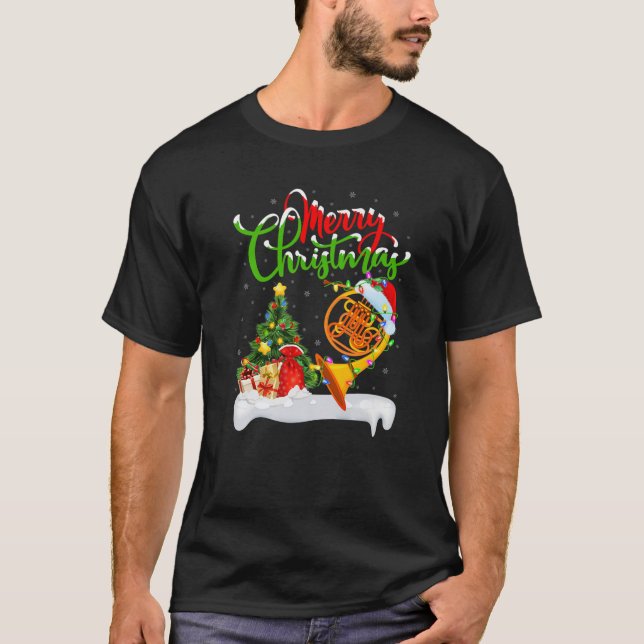 French Horn Lover Xmas Lighting Santa French Horn T-Shirt (Front)