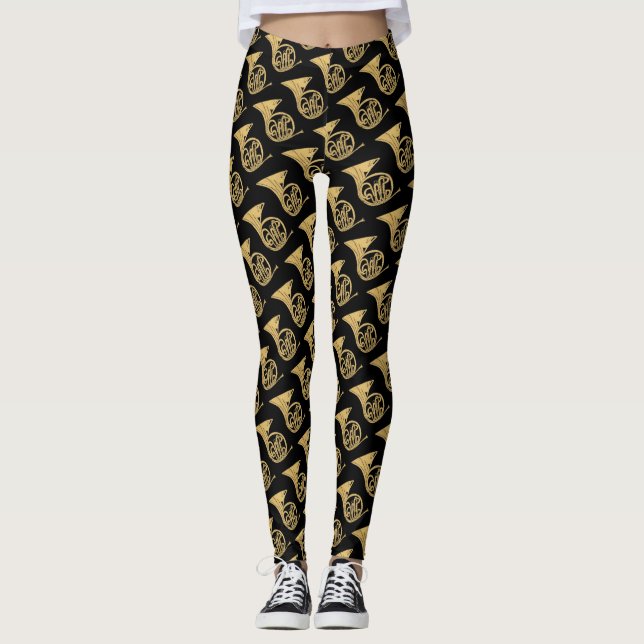 French Horn Musical Instrument Drawing on Black Leggings (Front)