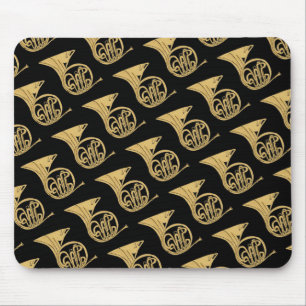 French Horn Musical Instrument Drawing on Black Mouse Pad