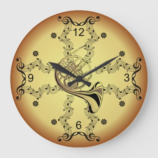 French Horn~Musical Scroll~Golden Background~ Large Clock (Front)