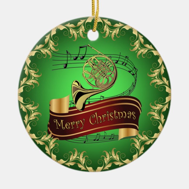 French Horn ~ Musical Scroll ~ Merry Christmas ~  Ceramic Ornament (Front)