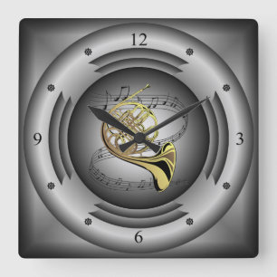 French Horn ~ Musical Scroll ~ Silver Speaker ~  Square Wall Clock
