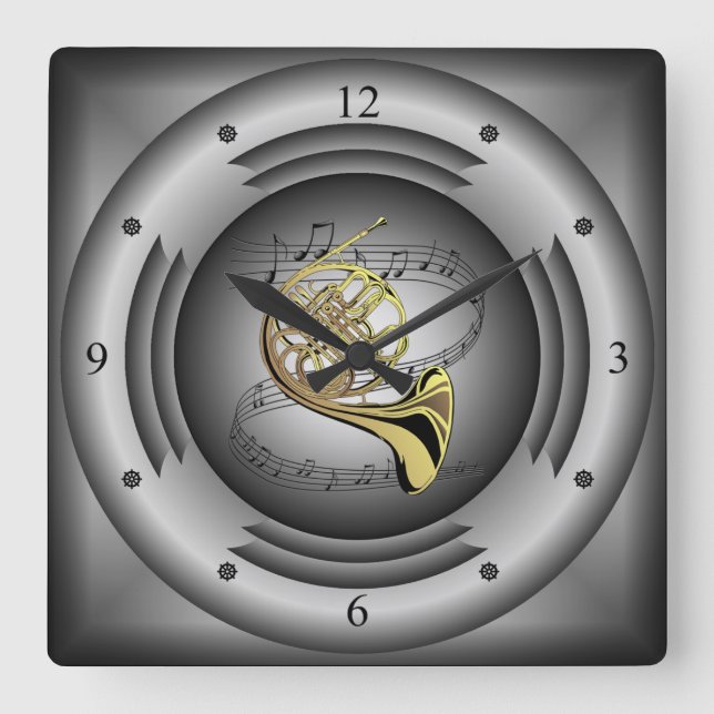 French Horn ~ Musical Scroll ~ Silver Speaker ~  Square Wall Clock (Front)