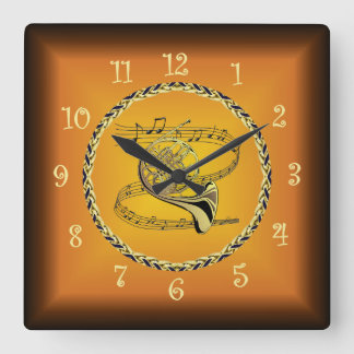 French Horn On Musical Scroll & Russet Orange ~ Square Wall Clock