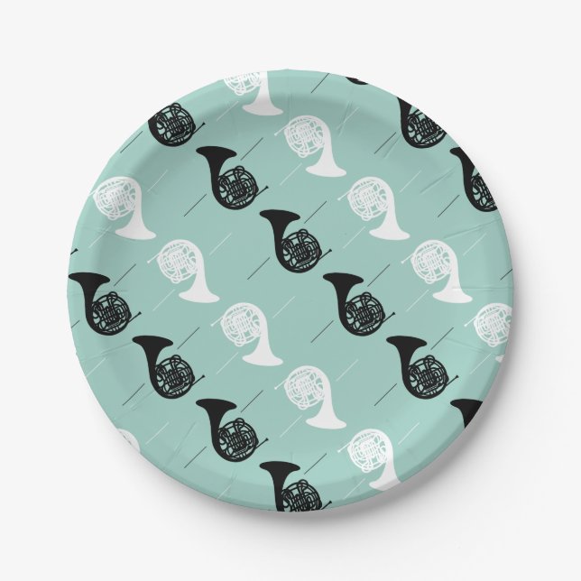 French Horn Pattern Musical Instrument Theme Paper Plate (Front)