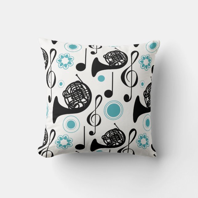 French Horn Player Gift Music Notes Band Orchestra Cushion (Front)
