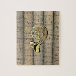 French Horn ~ Rolled Sheet Music Back ~ Musical Jigsaw Puzzle