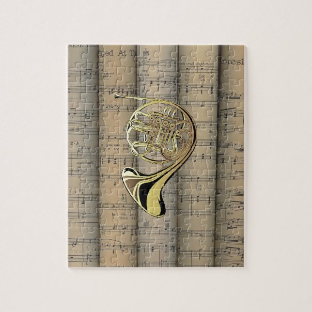French Horn ~ Rolled Sheet Music Back ~ Musical Jigsaw Puzzle (Vertical)