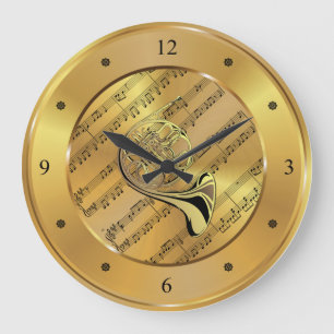French Horn ~ Sheet Music ~ Gold Background ~ Large Clock