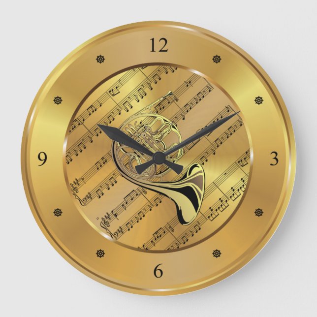 French Horn ~ Sheet Music ~ Gold Background ~ Large Clock (Front)
