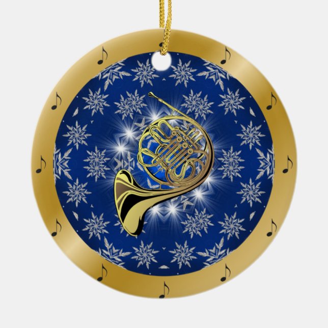 French Horn ~ Silver ~ Blue ~ Gold ~ Christmas ~ Ceramic Ornament (Front)