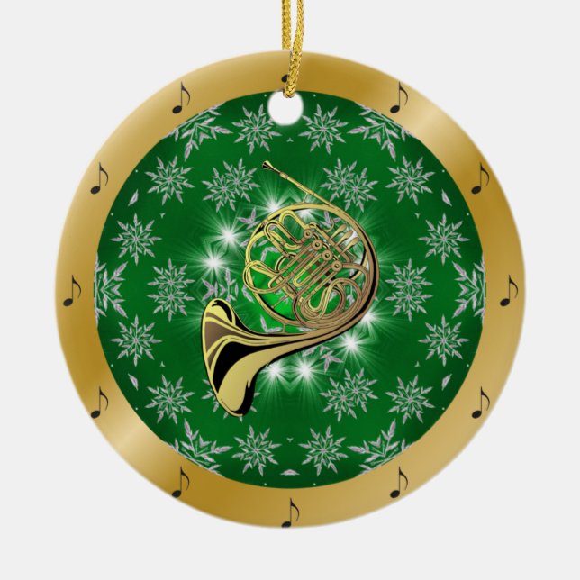 French Horn ~ Silver ~ Green ~ Gold ~ Christmas ~ Ceramic Ornament (Front)