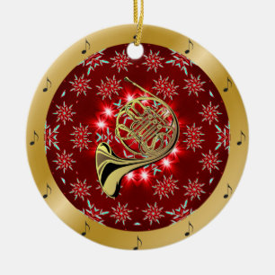 French Horn ~ Silver ~ Red~ Gold ~ Christmas ~ Ceramic Ornament