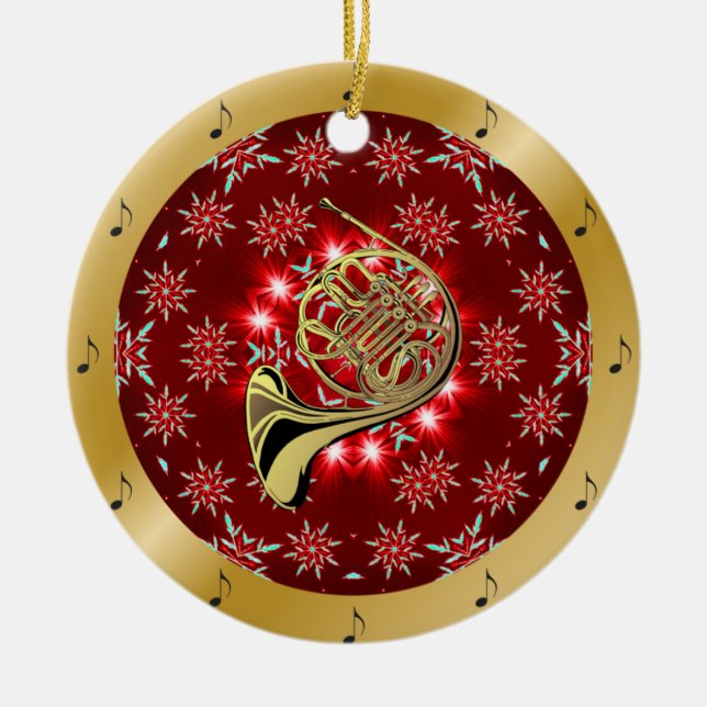 French Horn ~ Silver ~ Red~ Gold ~ Christmas ~ Ceramic Ornament (Front)