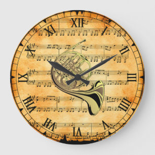 French Horn ~ Vintage Sheet Music Background ~ Large Clock