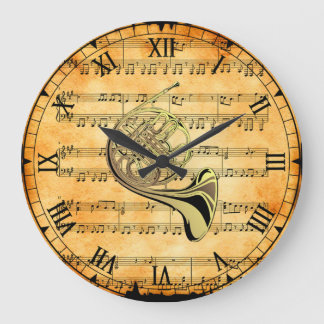 French Horn ~ Vintage Sheet Music Background ~ Large Clock