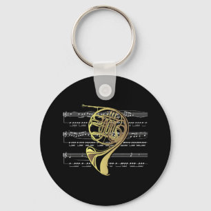 French Horn w/Sheet Music ~ Black Background Key Ring