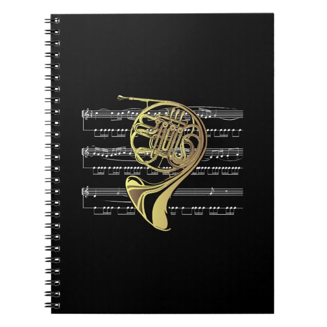 French Horn w/Sheet Music ~ Black Background Notebook (Front)