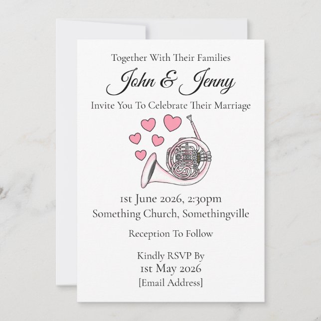 French Horn Wedding Invitation Brass Musicians (Front)