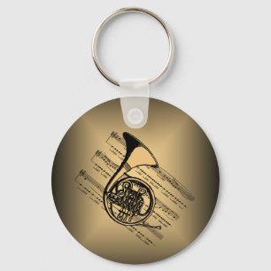 French Horn With Sheet Music Background Key Ring