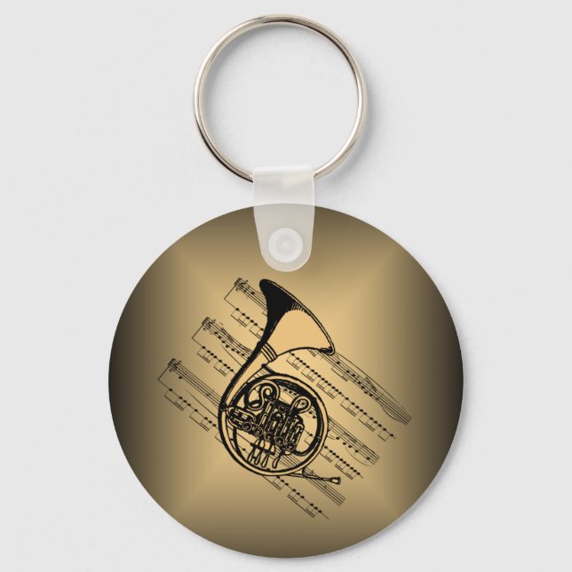 French Horn With Sheet Music Background Key Ring (Front)