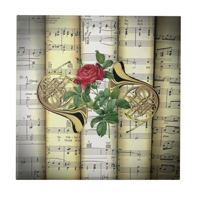 French Horns & Rose ~ Rolled Sheet Music ~ Ceramic Tile (Front)
