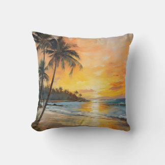French Impressionism: Sunset Beach and Palm Trees Cushion