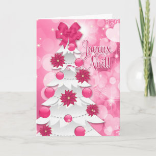 French Joyeux Noël Pink Poinsettia Christmas Holiday Card