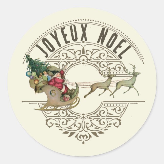French Joyeux Noel Santa Reindeer Merry Christmas  Classic Round Sticker (Front)