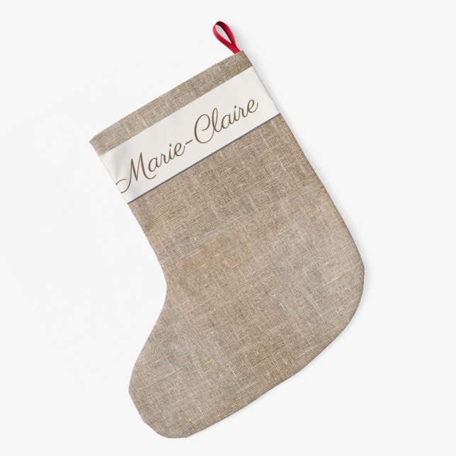 French Jute Custom Name Christmas Stocking (Back (Hanging))