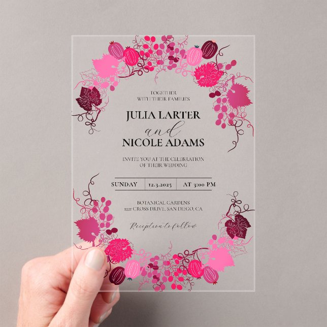 French Kissed Sweet Berry Grapes Flowers Wedding Acrylic Invitations (Insitu (Handheld))