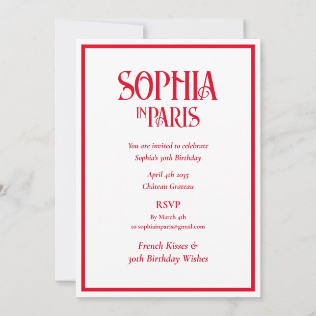 French Kisses 30th Birthday Wishes Paris Birthday Invitation (Front)