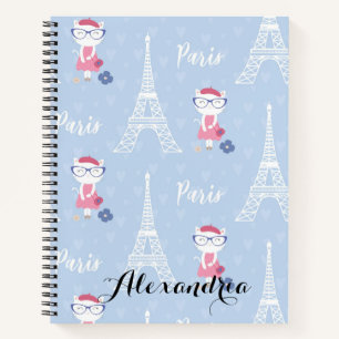 French Kitty Cat in Paris Blue Pattern Notebook