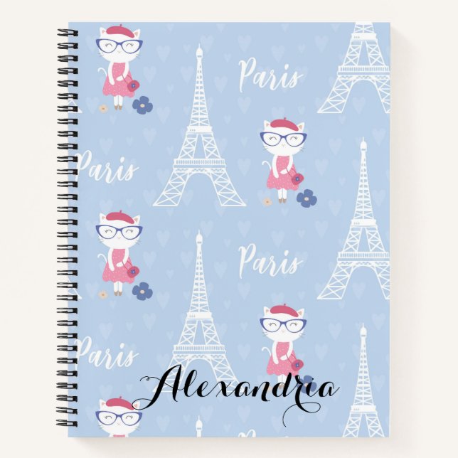 French Kitty Cat in Paris Blue Pattern Notebook (Front)