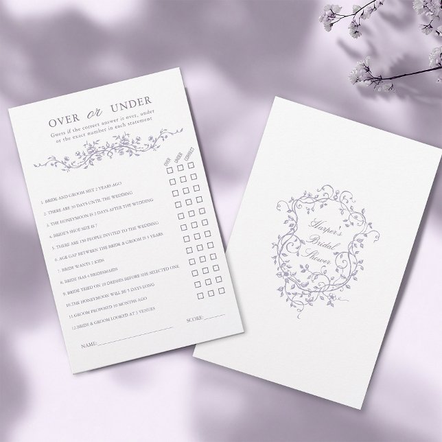 French Lavender 'Over or Under' Bridal Shower Game (Front & Back)