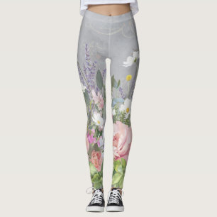 French Lavender Painted Floral Pink Peony Flowers Leggings