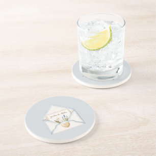 French Light Blue Cream Envelope Heart Floral Coaster