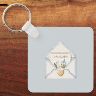 French Light Blue Cream Envelope Heart Floral   Key Ring