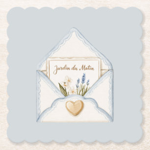 French Light Blue Cream Envelope Heart Floral Paper Coaster
